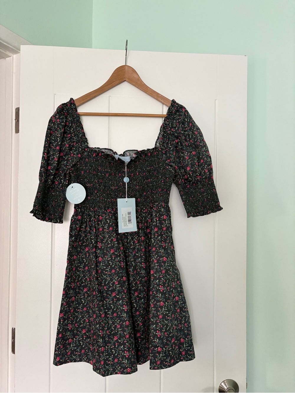 Hill House Black Mini Dress with Pink Floral Pattern